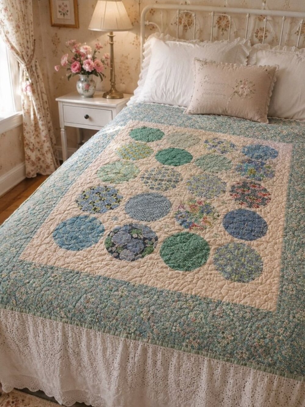 Handmade Reversible Quilt Floral & Geometric Patchwork Full/Twin 56"x66" French - Picture 1 of 10